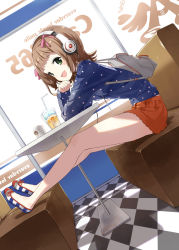 Rule 34 | 1girl, :d, amami haruka, backpack, bag, bare legs, beats by dr. dre, brown hair, cup, drinking straw, feet on chair, flats, green eyes, hair ribbon, headphones, idolmaster, idolmaster (classic), leaning forward, legs, looking at viewer, no socks, open mouth, polka dot, ribbon, short hair, short shorts, shorts, sitting, smile, solo, tiv