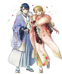 Rule 34 | 1boy, 1girl, alfonse (fire emblem), argon (exys), blonde hair, blue eyes, blue hair, brother and sister, fire emblem, fire emblem heroes, floral print, full body, gradient hair, green eyes, highres, japanese clothes, kimono, long hair, low-tied long hair, multicolored hair, nintendo, obi, official art, pink hair, sandals, sash, sharena (fire emblem), short hair, siblings, standing, tabi, transparent background, white legwear, wide sleeves