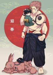 Rule 34 | 2023, 2boys, age difference, aged down, animalization, arm tattoo, black hair, black nails, chest tattoo, commentary request, extra arms, extra eyes, extra tongue, facial tattoo, full body, fushiguro megumi, green eyes, green kimono, highres, japanese clothes, jujutsu kaisen, kimono, lifting person, long sleeves, male focus, multiple boys, muscular, muscular male, pink hair, rabbit, red eyes, ryoumen sukuna (jujutsu kaisen), sato zero915, standing, tattoo, toenails, topless male