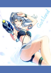 Rule 34 | 1girl, ;d, bikini, black bikini, blush, breasts, character name, character request, floating hair, flower, grey eyes, gun, hair between eyes, hair flower, hair ornament, holding, holding gun, holding weapon, huyukaaki, long hair, one eye closed, open mouth, ponytail, see-through, silver hair, small breasts, smile, solo, swimsuit, thigh strap, water gun, weapon, white background, white flower