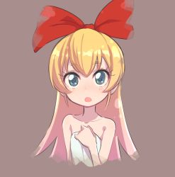 Rule 34 | 1girl, :o, ammonio, bare shoulders, blonde hair, blue eyes, blush, bow, brown background, dokidoki! precure, hair bow, long hair, looking at viewer, open mouth, precure, regina (dokidoki! precure), simple background, solo