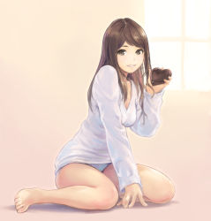 Rule 34 | 1girl, barefoot, blouse, breasts, brown eyes, brown hair, candy, carina (xiaowoo), chocolate, chocolate heart, cleavage, day, food, from side, full body, heart, highres, indoors, long hair, looking at viewer, mayu (carina), no pants, original, panties, pantyshot, parted bangs, parted lips, shirt, sitting, smile, solo, swept bangs, underwear, valentine, wariza, white shirt, window