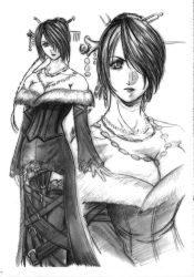 Rule 34 | 00s, 1girl, bare shoulders, breasts, cleavage, final fantasy, final fantasy x, greyscale, hair ornament, hair over one eye, hair stick, high ponytail, highres, jewelry, large breasts, long hair, lulu (ff10), monochrome, necklace, sketch, solo, square enix, yokota mamoru