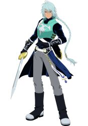 Rule 34 | 1boy, aqua hair, armor, black gloves, blue eyes, boots, braid, commentary, english commentary, full body, gloves, grey pants, highres, holding, holding sword, holding weapon, long hair, male focus, official art, pants, sword, tales of (series), tales of asteria, tales of rebirth, transparent background, veigue lungberg, weapon
