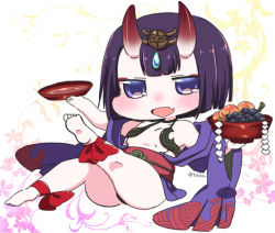 Rule 34 | 1girl, :d, alcohol, ankle ribbon, ankleband, bare shoulders, barefoot, blush, bowl, breasts, chibi, cup, eyeshadow, fang, fate/grand order, fate (series), food, fruit, full body, grapes, headpiece, holding, holding cup, horns, japanese clothes, kimono, leg ribbon, leg up, long sleeves, makeup, obi, off shoulder, oni, open clothes, open kimono, open mouth, peach, purple eyes, purple hair, purple kimono, red ribbon, revealing clothes, ribbon, sakazuki, sake, sash, short hair, short kimono, shuten douji (fate), shuten douji (first ascension) (fate), skin-covered horns, small breasts, smile, solo, tsukko (3ki2ne10), twitter username, wide sleeves
