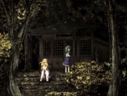 Rule 34 | 2girls, blonde hair, detached sleeves, female focus, forest, green hair, hands on another&#039;s face, hands on own face, hat, knj, kochiya sanae, looking back, moriya suwako, multiple girls, nature, sitting, stairs, touhou