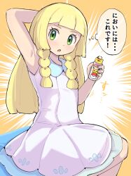 Rule 34 | 1girl, :o, arm behind head, armpits, blonde hair, blunt bangs, blush, braid, can, collared dress, commentary request, creatures (company), deodorant, dress, eyelashes, game freak, gen 1 pokemon, green eyes, highres, holding, holding can, kutabireta neko, lillie (pokemon), long hair, looking at viewer, nintendo, open mouth, pikachu, pokemon, pokemon sm, presenting armpit, sleeveless, sleeveless dress, solo, spray can, thought bubble, translation request, twin braids, white dress