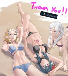 Rule 34 | 3girls, :d, alternate costume, arm up, armpits, bare arms, bare legs, barefoot, bikini, black bikini, blonde hair, blue bikini, blue eyes, blue hair, breasts, byleth (female) (fire emblem), byleth (female) (summer) (fire emblem), byleth (fire emblem), commentary, cowboy shot, english commentary, feet, feet out of frame, fire emblem, fire emblem: three houses, fire emblem awakening, fire emblem heroes, flower, green eyes, hair flower, hair ornament, highres, knee up, large breasts, legs, long hair, looking at viewer, lying, multiple girls, navel, nintendo, official alternate costume, on back, open mouth, pomelomelon, princess zelda, red flower, robin (female) (fire emblem), robin (female) (summer) (fire emblem), robin (fire emblem), smile, stomach, strapless, strapless bikini, swimsuit, thank you, the legend of zelda, the legend of zelda: tears of the kingdom, thighs, toenails, toes, upside-down, white hair