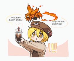 Rule 34 | !, !!, 2girls, bbunny, blonde hair, blush, brown cardigan, brown headwear, brown sweater, cabbie hat, cardigan, coffee, cup, disposable cup, don quixote (project moon), e.g.o (project moon), fiery wings, fire, hair between eyes, hat, ishmael (project moon), korean text, limbus company, mini person, minigirl, multiple girls, open mouth, orange hair, project moon, shirt, slit pupils, sweater, translation request, triangle mouth, white background, white shirt, wings, yellow eyes