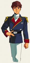 Rule 34 | 1980s (style), 1boy, :|, amuro ray, belt, black belt, blue coat, blue eyes, brown hair, char&#039;s counterattack, closed mouth, coat, film grain, gundam, hand on own hip, hasemil, long sleeves, looking at viewer, male focus, neo zeon, oldschool, pants, retro artstyle, shirt, short hair, simple background, solo, standing, straight-on, turtleneck, white background, white pants, white shirt