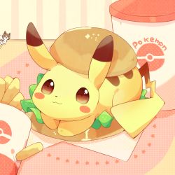 Rule 34 | :3, burger, cat, commentary request, copyright name, creature as food, creatures (company), cup, food, french fries, game freak, gen 1 pokemon, happy, highres, lettuce, napkin, nintendo, no humans, pikachu, pokemon, pokemon (creature), sauce, smile, tablecloth, ushiina