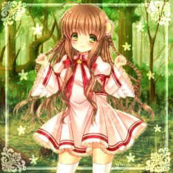 Rule 34 | 10s, 1girl, ahoge, arms up, blush, braid, breasts, brown hair, closed mouth, contrapposto, dress, flower, forest, hair flower, hair ornament, kanbe kotori, long hair, long sleeves, looking at viewer, medium breasts, nature, over-kneehighs, pink dress, red ribbon, rewrite, ribbon, ritomo, smile, solo, standing, thighhighs, tree, white thighhighs, wide sleeves