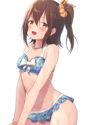 Rule 34 | 1girl, :d, absurdres, bare arms, bare shoulders, bikini, blue bikini, blush, breasts, brown eyes, brown hair, collarbone, floral print, hair between eyes, hair ornament, hair scrunchie, highres, idolmaster, idolmaster million live!, kasuga mirai, kuro kinkan, looking at viewer, one side up, open mouth, orange scrunchie, print bikini, scrunchie, simple background, small breasts, smile, solo, swimsuit, wet, white background