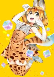 Rule 34 | 10s, 1girl, 2girls, :d, animal ears, armpits, arms up, artist name, bow, bowtie, breasts, brown eyes, brown skirt, clenched hand, commentary request, elbow gloves, extra ears, gloves, hair between eyes, high-waist skirt, highres, kemono friends, looking at viewer, multiple girls, open mouth, pawoo username, print gloves, print neckwear, rainys bill, ribbon-trimmed skirt, ribbon trim, round teeth, serval (kemono friends), serval print, serval tail, shirt, shoes, skirt, sleeveless, sleeveless shirt, small breasts, smile, striped tail, tail, teeth, thighhighs, tongue, twitter username, white shirt, yellow background, zettai ryouiki