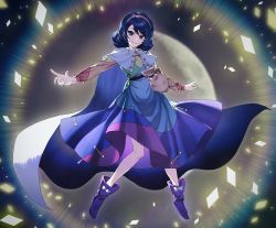 Rule 34 | 1girl, blue eyes, blue hair, bow, cape, card, cloak, commentary request, dark blue hair, dress, footwear bow, from below, full body, gradient background, hairband, highres, looking at viewer, looking down, mo (mokatampe), multicolored clothes, multicolored dress, multicolored hairband, patchwork clothes, pointing, pouch, purple footwear, rainbow gradient, red button, resolution mismatch, shine, short hair, sky print, smile, solo, source larger, tenkyuu chimata, touhou, two-sided cape, two-sided fabric, unconnected marketeers, white bow, white cape, zipper, zipper pull tab
