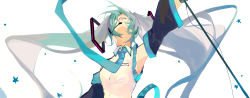 Rule 34 | 1girl, absurdres, armpits, black sleeves, blue hair, blue neckwear, blue sleeves, breast pocket, collared shirt, commentary, detached sleeves, floating hair, hatsune miku, headset, helingmo, highres, holding, holding microphone stand, long hair, looking up, microphone stand, necktie, parted lips, pocket, shirt, simple background, sleeveless, sleeveless shirt, star (symbol), teeth, twintails, upper body, upper teeth only, very long hair, vocaloid, white background, white shirt