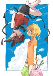 Rule 34 | 1boy, 1girl, arms behind back, bag, black bow, black ribbon, black shorts, blonde hair, bow, braid, brown hair, chinese clothes, floating, fong pudding, groceries, holding, holding bag, midriff, multiple braids, nuka (nukamochi), pointy ears, ribbon, short hair, short twintails, shorts, sky, tart (tokyo mew mew), tokyo mew mew, twintails, upside-down