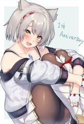 Rule 34 | 1girl, animal ears, blush, boots, brown pantyhose, cat ears, collarbone, core crystal (xenoblade), crossed arms, fang, fingerless gloves, gloves, gold trim, grey hair, half gloves, head tilt, highres, jacket, knees to chest, looking at viewer, mio (xenoblade), off shoulder, open mouth, pantyhose, pleated skirt, skin fang, skirt, solo, tank top, umihal, white footwear, white gloves, white jacket, white skirt, xenoblade chronicles (series), xenoblade chronicles 3, yellow eyes