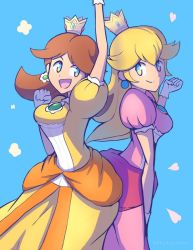 Rule 34 | 2girls, arm up, back-to-back, blonde hair, blue background, blue eyes, breasts, brown hair, clenched hand, crown, dress, earrings, elbow gloves, flower earrings, friends, gem, gloves, grin, hand up, happy, heart, jewelry, long hair, mario (series), multiple girls, nintendo, open mouth, pink dress, princess, princess daisy, princess peach, short hair, smile, super mario bros. 1, super mario land, super smash bros., white gloves, yellow dress