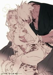 Rule 34 | 1boy, 1girl, absurdres, grabbing another&#039;s breast, breasts, couple, dated, dizi930, earrings, eyelashes, closed eyes, forever 7th capital, grabbing, half-closed eyes, hetero, highres, japanese clothes, jewelry, kimono, long hair, monochrome, nipples, scar, short hair, signature, simple background, small breasts, very long hair, white background