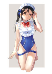 Rule 34 | 1girl, barefoot, black hair, blue one-piece swimsuit, bow, bowtie, brown eyes, commentary request, detached collar, frilled one-piece swimsuit, frills, full body, highres, katahira masashi, kneeling, long hair, maid headdress, one-piece swimsuit, original, red bow, red bowtie, solo, swimsuit, twintails