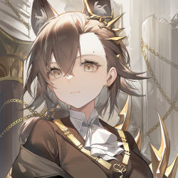Rule 34 | 1girl, absurdres, animal ear fluff, animal ears, arknights, ascot, brown eyes, brown hair, chain, closed mouth, earrings, extra ears, gold chain, goudaimu, hair ornament, highres, jewelry, looking at viewer, penance (arknights), pillar, short hair, smile, solo, upper body, white ascot, wolf ears