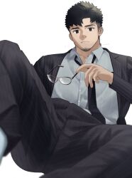 Rule 34 | 1boy, bad id, bad twitter id, bara, black hair, black necktie, black suit, bulge, collared shirt, facial hair, feet out of frame, foreshortening, formal, frown, glasses, goatee, goburin second, highres, long sideburns, looking at viewer, loose necktie, male focus, mature male, muscular, muscular male, necktie, original, paid reward available, pants, shirt, short hair, sideburns, solo, spread legs, striped clothes, striped pants, striped suit, suit, thick eyebrows, thick thighs, thighs, undercut, unworn eyewear