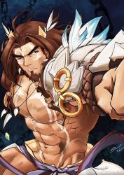 Rule 34 | 1boy, abs, armor, bara, bare pectorals, beard, brown hair, character request, facepaint, facial hair, feathers, feet out of frame, highres, huzee tiger, incoming attack, incoming punch, large pectorals, light frown, looking at viewer, male focus, mature male, muscular, muscular male, navel, nipples, one eye closed, outstretched arm, pauldrons, pectorals, punching, revealing clothes, shoulder armor, single pauldron, solo, stomach, thick eyebrows, v-taper