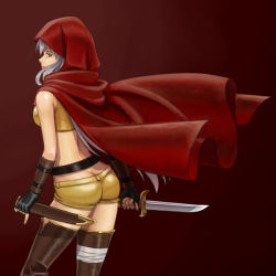 Rule 34 | 1girl, boots, brown footwear, brown thighhighs, butt crack, cape, cecily (sennen sensou aigis), cowboy shot, fingerless gloves, from behind, gloves, grey hair, hood, knee boots, knife, mia51, red cape, sennen sensou aigis, sheath, solo, thigh boots, thighhighs, unsheathed, yellow eyes