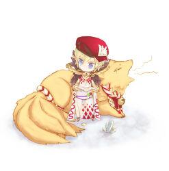 Rule 34 | 1girl, argyle, argyle clothes, argyle dress, blonde hair, blue eyes, book, cabbie hat, chibi, closed mouth, commentary request, crystal, detached sleeves, dress, expressionless, fox, full body, fur collar, hair between eyes, hat, holding, holding book, kitsune, kusabi (aighe), long bangs, looking to the side, medium hair, nine tail (ragnarok online), pointy ears, ragnarok online, red headwear, sandals, side slit, sleeveless, sleeveless dress, sorcerer (ragnarok online), white dress, white sleeves, yawning