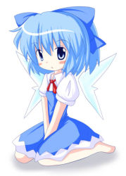 Rule 34 | 1girl, barefoot, blue eyes, blue hair, blush stickers, bow, cirno, dress, female focus, hair bow, matching hair/eyes, r pascal, sitting, solo, embodiment of scarlet devil, touhou, wings