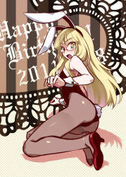 Rule 34 | 1girl, animal ears, ass, blonde hair, blush, fake animal ears, glasses, happy birthday, high heels, legs, long hair, long legs, looking back, lying, negi (ulog&#039;be), on side, open mouth, pantyhose, perrine h. clostermann, playboy bunny, rabbit ears, shoes, solo, strike witches, surprised, tears, thighs, world witches series, yellow eyes