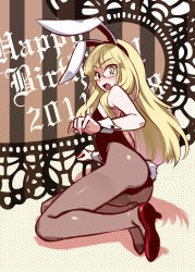 Rule 34 | 1girl, animal ears, ass, blonde hair, blush, fake animal ears, female focus, glasses, happy birthday, high heels, legs, leotard, long hair, long legs, looking back, lying, negi (ulog&#039;be), on side, open mouth, pantyhose, perrine h. clostermann, playboy bunny, rabbit ears, shoes, solo, strike witches, surprised, tears, thighs, world witches series, yellow eyes