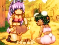 Rule 34 | 2girls, :&lt;, ahoge, animal ears, armlet, ass, bandeau, black footwear, black hair, boned meat, boots, breasts, carrot hair ornament, commentary request, dark-skinned female, dark skin, facial mark, fence, food, food-themed hair ornament, from behind, grass, hair ornament, holding foot, inaba tewi, jewelry, kneeling, large breasts, long hair, looking at viewer, looking back, meat, midriff, multiple girls, navel, necklace, outdoors, parted lips, pink skirt, purple hair, rabbit ears, rabbit girl, rabbit tail, red eyes, reisen udongein inaba, shiny skin, shirosato, short hair, sidelocks, skirt, spaghetti strap, stomach, tail, thighs, touhou, tree, very long hair