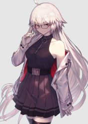 Rule 34 | 1girl, absurdres, ahoge, belt, black dress, black thighhighs, breasts, dress, fate/grand order, fate (series), glasses, grey hair, highres, jacket, jeanne d&#039;arc alter (fate), large breasts, long hair, long sleeves, looking at viewer, nakanishi tatsuya, off shoulder, open clothes, open jacket, smile, solo, thighhighs, thighs, very long hair, white jacket, yellow eyes, zipper