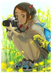 Rule 34 | 1girl, backpack, bag, black hair, camera, camera around neck, dated, day, full body, grass, green eyes, hair bobbles, hair ornament, highres, hirasawa you, holding, holding camera, hood, hoodie, looking at viewer, original, outdoors, product placement, shoes, short hair, signature, smile, sneakers, solo, squatting