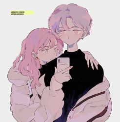 Rule 34 | 1boy, 1girl, black shirt, cellphone, coat, earrings, green eyes, hand on another&#039;s shoulder, holding, holding phone, jewelry, long hair, open mouth, original, phone, pink eyes, pink hair, ronoh (jill), selfie, shirt, smartphone, white background