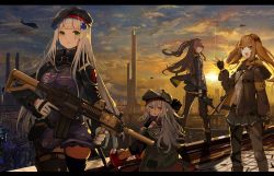 Rule 34 | 404 (girls&#039; frontline), absurdres, aircraft, ammunition belt, armband, assault rifle, beret, black bow, black hat, black jacket, black legwear, black ribbon, black shorts, blunt bangs, bow, brown eyes, brown hair, bullpup, caseless firearm, closed mouth, clothing cutout, coat, commentary request, crossed bangs, facial mark, finger on trigger, fingerless gloves, full body, g11 (girls&#039; frontline), girls&#039; frontline, gloves, green eyes, green hat, green jacket, grey eyes, grey hair, gun, h&amp;k g11, h&amp;k hk416, h&amp;k ump, hair ornament, hairclip, hat, heckler &amp; koch, helicopter, highres, hk416 (girls&#039; frontline), holding, holding gun, holding weapon, hood, hood down, hooded jacket, horizontal magazine, hukahire0120, jacket, knee pads, long hair, long sleeves, magazine (weapon), messy hair, multiple girls, one side up, open clothes, open coat, open jacket, open mouth, outdoors, pantyhose, plaid, plaid skirt, ribbon, rifle, scar, scar across eye, scar on face, scarf on head, scenery, shirt, shorts, shoulder cutout, skirt, smile, standing, submachine gun, sunset, suppressor, teardrop, thighhighs, trigger discipline, ump45 (girls&#039; frontline), ump9 (girls&#039; frontline), weapon, white hair, white shirt, zettai ryouiki