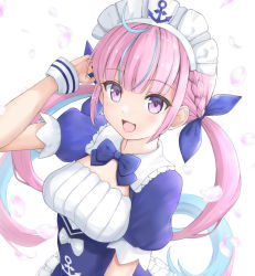 Rule 34 | 1girl, ahoge, anchor, anchor symbol, arm up, bad id, bad pixiv id, blue bow, blue dress, blue hair, blue ribbon, blush, bow, braid, breasts, commentary request, dress, flipper, frilled dress, frills, hair ribbon, highres, hololive, long hair, looking at viewer, maid headdress, medium breasts, minato aqua, minato aqua (1st costume), multicolored hair, open mouth, petals, pink hair, puffy short sleeves, puffy sleeves, purple eyes, ribbon, short sleeves, simple background, smile, solo, twintails, two-tone hair, very long hair, virtual youtuber, white background, white bow, wrist cuffs