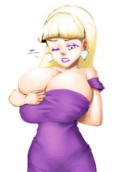 Rule 34 | 1girl, blonde hair, blue eyes, blunt bangs, breasts, bursting breasts, cleavage, clenched teeth, dress, earrings, english text, eyeshadow, gravity falls, highres, huge breasts, inconvenient breasts, jewelry, lipstick, makeup, maydrawfag, pacifica northwest, purple dress, purple lips, skindentation, solo, teeth, white background, wince