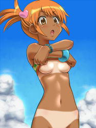 Rule 34 | 1girl, amamiya rizumu, asymmetrical hair, awa, blue sky, blush, bottomless, bracelet, breasts, brown eyes, cloud, day, hair ornament, heart, heart hair ornament, jewelry, looking at viewer, navel, open mouth, orange hair, out-of-frame censoring, pretty series, pretty rhythm, pretty rhythm aurora dream, side ponytail, sky, small breasts, solo, stomach, tan, tanline, underboob, undressing, yellow eyes