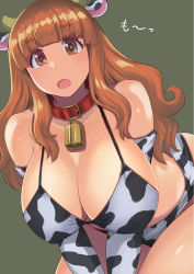Rule 34 | 1girl, alternate costume, animal collar, animal ears, animal print, bell, bikini, blunt bangs, breasts, cleavage, coat, collar, commentary, cow ears, cow horns, cow print, elbow gloves, fake animal ears, fake horns, girls und panzer, gloves, grey background, highres, horns, huge weapon, kneeling, kokuriu, leaning forward, long hair, looking at viewer, neck bell, open mouth, orange eyes, orange hair, print bikini, print gloves, red coat, simple background, solo, swimsuit, takebe saori, translated, v arms, weapon, white bikini, white gloves