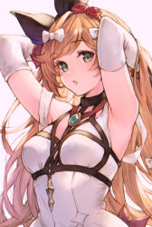 Rule 34 | 1girl, :o, armpits, arms up, bad id, bad pixiv id, bare shoulders, black bow, blush, bow, breasts, brown hair, chest harness, clarisse (granblue fantasy), clarisse (soleil blanc) (granblue fantasy), covered navel, dress, elbow gloves, flower, gloves, granblue fantasy, green eyes, hair bow, hair flower, hair ornament, harness, highres, koretsuki azuma, long hair, medium breasts, open mouth, red flower, red rose, rose, solo, swept bangs, upper body, very long hair, white bow, white dress, white gloves