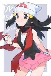 Rule 34 | 1girl, aki yamane, anniversary, beanie, black hair, black shirt, bracelet, closed mouth, commentary request, creatures (company), dated, dawn (pokemon), eyelashes, floating hair, game freak, grey eyes, hat, highres, holding, holding poke ball, jewelry, long hair, looking at viewer, nintendo, pink skirt, poke ball, poke ball (basic), pokemon, pokemon dppt, shirt, skirt, sleeveless, sleeveless shirt, smile, solo, white hat