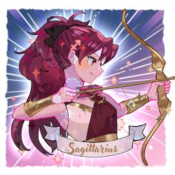 Rule 34 | 1girl, ancient greek clothes, arrow (projectile), black ribbon, border, bow (weapon), constellation, cropped shoulders, drawing bow, greco-roman clothes, hair ribbon, high ponytail, highres, holding, holding arrow, holding bow (weapon), holding weapon, long hair, looking to the side, mahou shoujo madoka magica, mahou shoujo madoka magica (anime), personification, ponytail, profile, red eyes, red hair, ribbon, sagittarius (constellation), sagittarius (symbol), sagittarius (zodiac), sakura kyoko, smile, solo, star (symbol), text focus, weapon, white border, yooki (winter cakes), zodiac