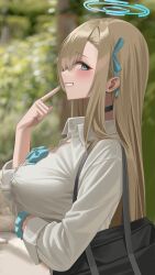 Rule 34 | 1girl, absurdres, asuna (blue archive), bag, black choker, blue archive, blue eyes, breast hold, breasts, choker, commentary, hair ribbon, halo, highres, large breasts, leavv, light brown hair, long sleeves, non-web source, ribbon, school bag, school uniform, scrunchie, shirt, sleeves rolled up, solo, swept bangs, white shirt, wrist scrunchie