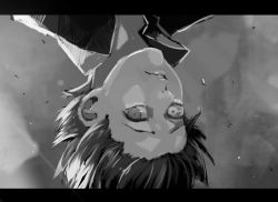 Rule 34 | 1boy, akahara (akaharaillust), bad id, bad twitter id, closed mouth, collared shirt, commentary request, gradient background, grey background, greyscale, kaneki ken, letterboxed, male focus, monochrome, shirt, solo, tokyo ghoul, upside-down