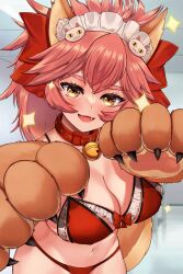 Rule 34 | 1girl, animal ear fluff, animal ears, animal hands, bare shoulders, bell, blush, bow, bra, breasts, cleavage, collar, fate/extra, fate/grand order, fate (series), fox ears, fox girl, fox tail, gloves, grimjowtiger, hair between eyes, hair bow, highres, jingle bell, large breasts, long hair, looking at viewer, navel, neck bell, open mouth, panties, paw gloves, pink hair, ponytail, red bow, red bra, red panties, sidelocks, smile, solo, sparkle, tail, tamamo (fate), tamamo cat (fate), underwear, yellow eyes