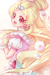 Rule 34 | 1girl, :d, blonde hair, brooch, cure tomorrow, earrings, flower, hair ornament, half updo, heart, heart brooch, heart earrings, heart hair ornament, highres, hug-tan (precure), hugtto! precure, jewelry, long hair, looking at viewer, magical girl, open mouth, pink eyes, ponytail, precure, puffy sleeves, shipu (gassyumaron), simple background, smile, solo, upper body, white background, wrist cuffs