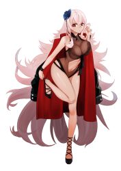 Rule 34 | 1girl, absurdly long hair, absurdres, azur lane, black coat, black footwear, black one-piece swimsuit, blue flower, breasts, clothing cutout, coat, coat on shoulders, crossed bangs, flower, full body, graf zeppelin (azur lane), graf zeppelin (beachside urd) (azur lane), hair between eyes, hair flower, hair ornament, highres, impossible clothes, impossible swimsuit, large breasts, long hair, long sleeves, looking at viewer, navel cutout, official alternate costume, one-piece swimsuit, red eyes, shoes, simple background, solo, swimsuit, taut clothes, taut swimsuit, very long hair, viktorf, white background, white hair, wrist straps